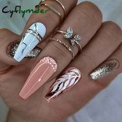 Cyflymder 24Pcs Long Ballet Fake Nails Press On Wearable Coffin False With Glue Glitter Leaves