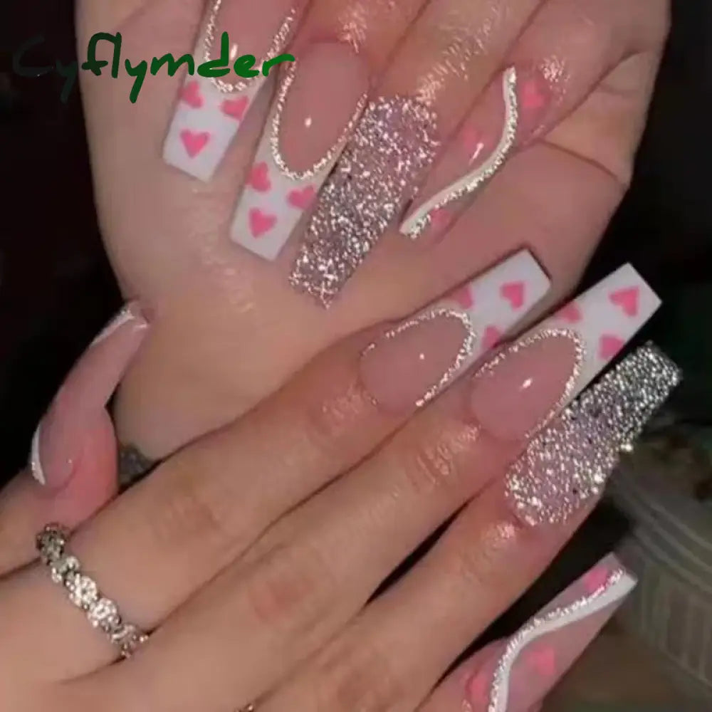 Cyflymder 24Pcs Long Ballet Fake Nails Press On Wearable Coffin False With Glue Glitter Leaves