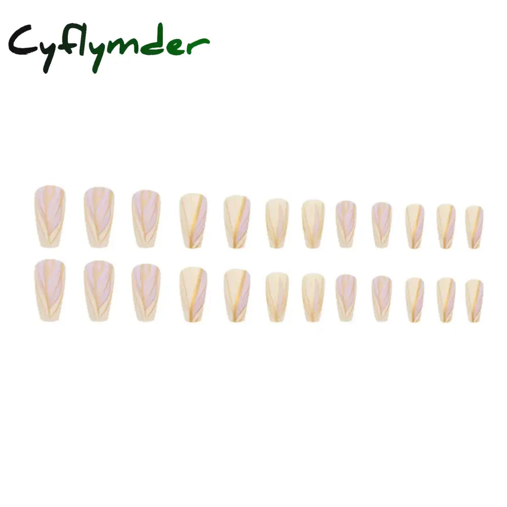 Cyflymder 24Pcs Medium Long Ballet Fake Nails Art Flat Head Gold Line Frosted False Press On Full