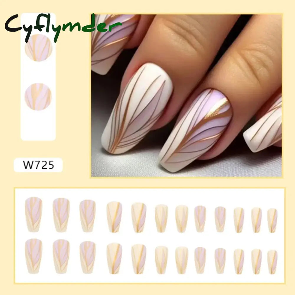 Cyflymder 24Pcs Medium Long Ballet Fake Nails Art Flat Head Gold Line Frosted False Press On Full