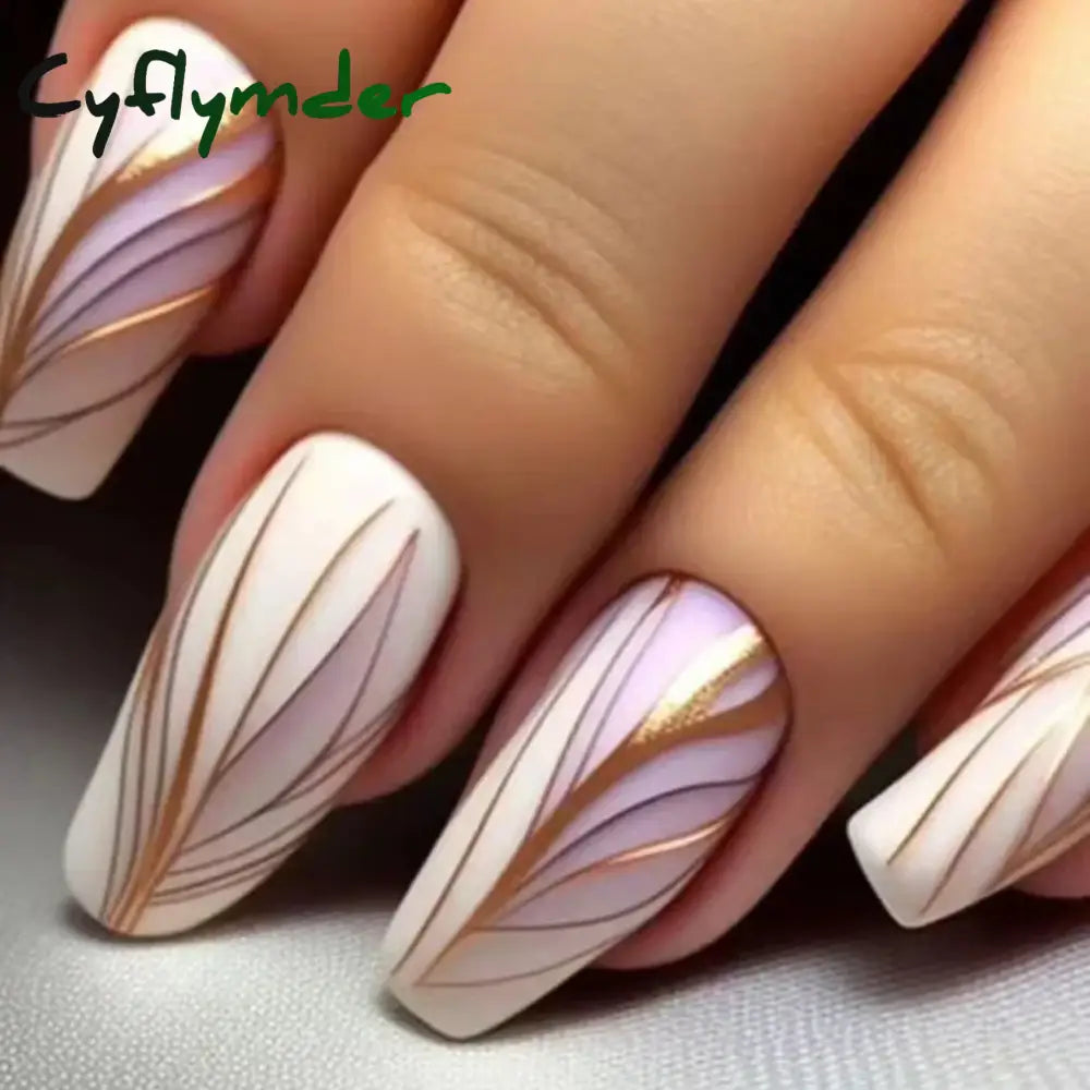 Cyflymder 24Pcs Medium Long Ballet Fake Nails Art Flat Head Gold Line Frosted False Press On Full