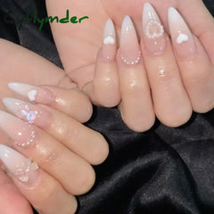 Cyflymder 24Pcs Milkey Gradient White Glitter False Nails With Glue Press On Almond Acrylic Fake