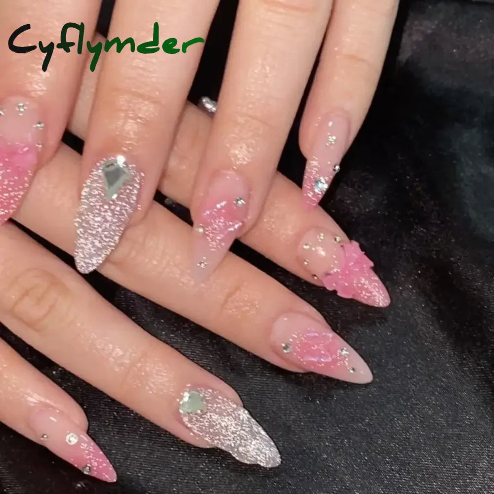 Cyflymder 24Pcs Milkey Gradient White Glitter False Nails With Glue Press On Almond Acrylic Fake