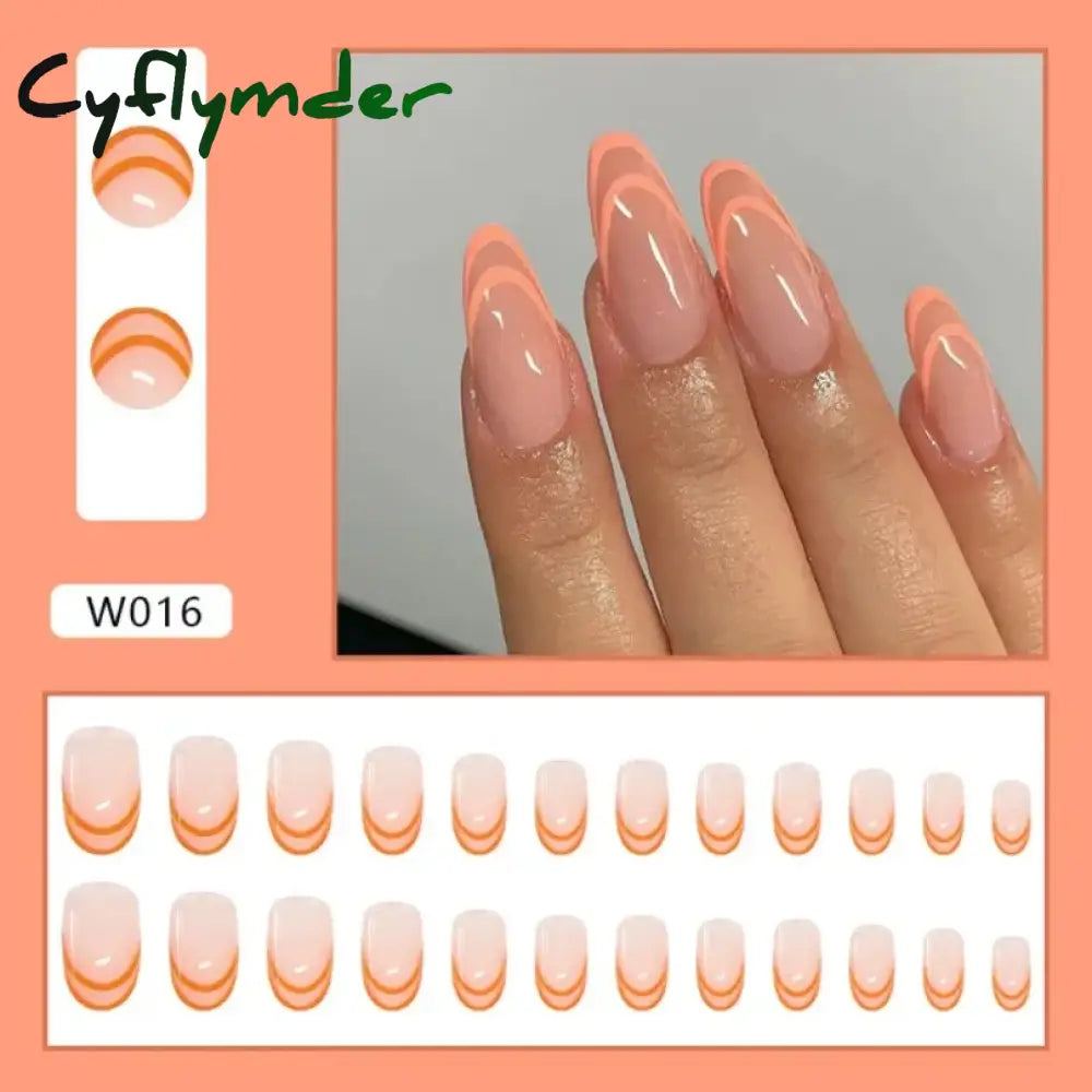 Cyflymder 24Pcs Nail Art Fake Nails Long Ballerina Press On False Set Handmade Orange Edge Almond