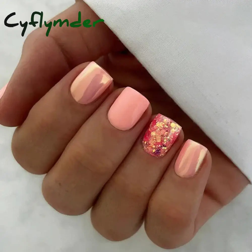 Cyflymder 24Pcs Nail Aurora Glitter Fake Nails Short French Press On Simple False Tips Full Cover