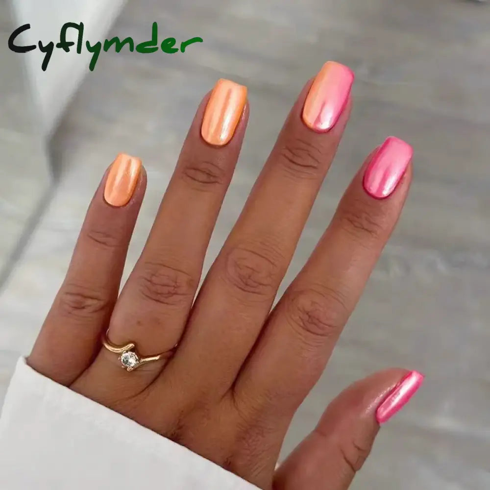 Cyflymder 24Pcs Nail Aurora Glitter Fake Nails Short French Press On Simple False Tips Full Cover