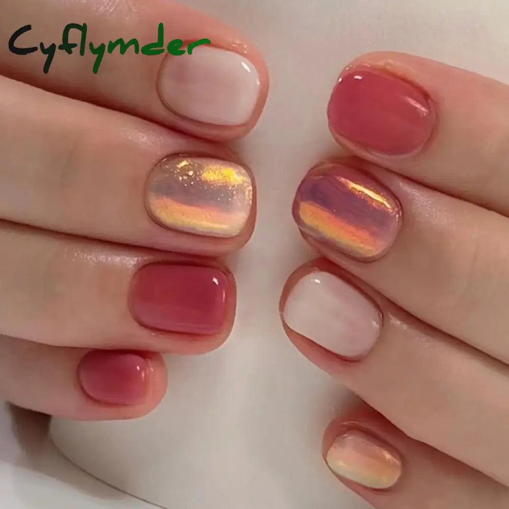 Cyflymder 24Pcs Nail Aurora Glitter Fake Nails Short French Press On Simple False Tips Full Cover