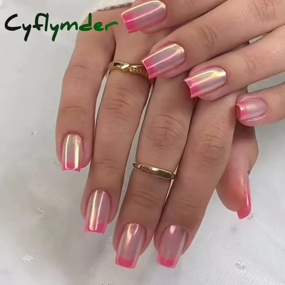 Cyflymder 24Pcs Nail Aurora Glitter Fake Nails Short French Press On Simple False Tips Full Cover