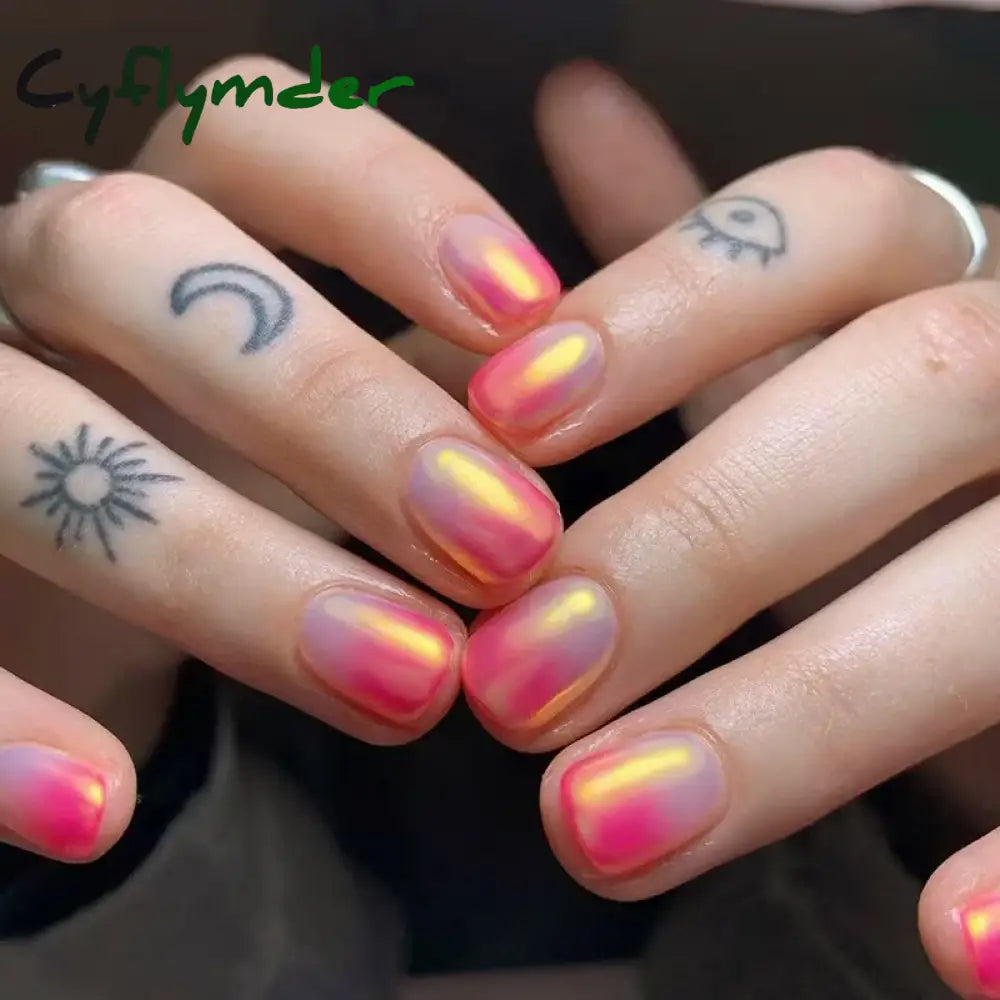 Cyflymder 24Pcs Nail Aurora Glitter Fake Nails Short French Press On Simple False Tips Full Cover