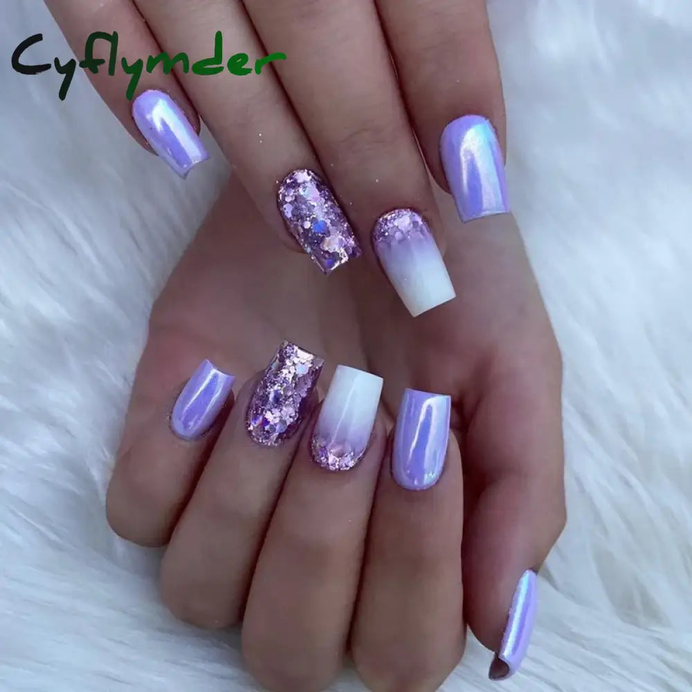 Cyflymder 24Pcs Nail Aurora Glitter Fake Nails Short French Press On Simple False Tips Full Cover