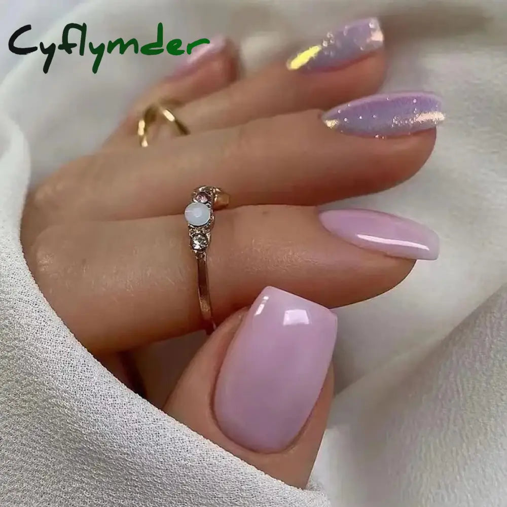 Cyflymder 24Pcs Nail Aurora Glitter Fake Nails Short French Press On Simple False Tips Full Cover