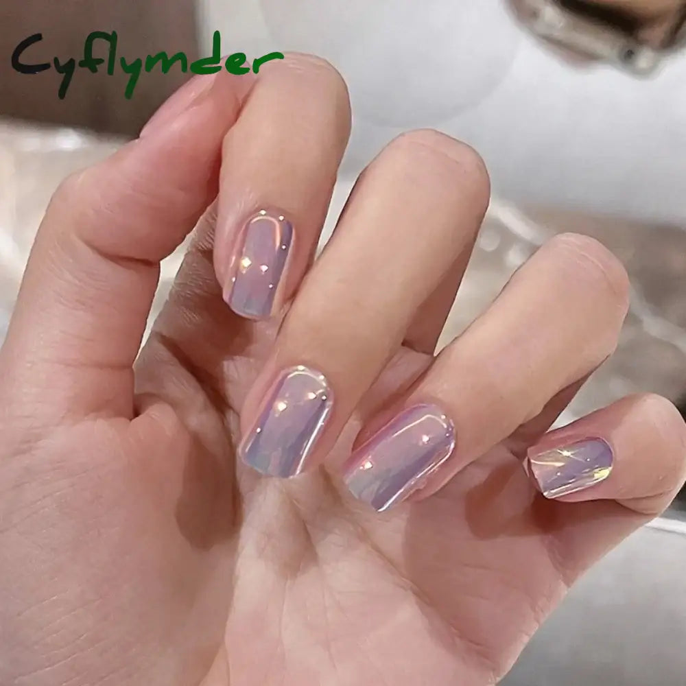 Cyflymder 24Pcs Nail Aurora Glitter Fake Nails Short French Press On Simple False Tips Full Cover