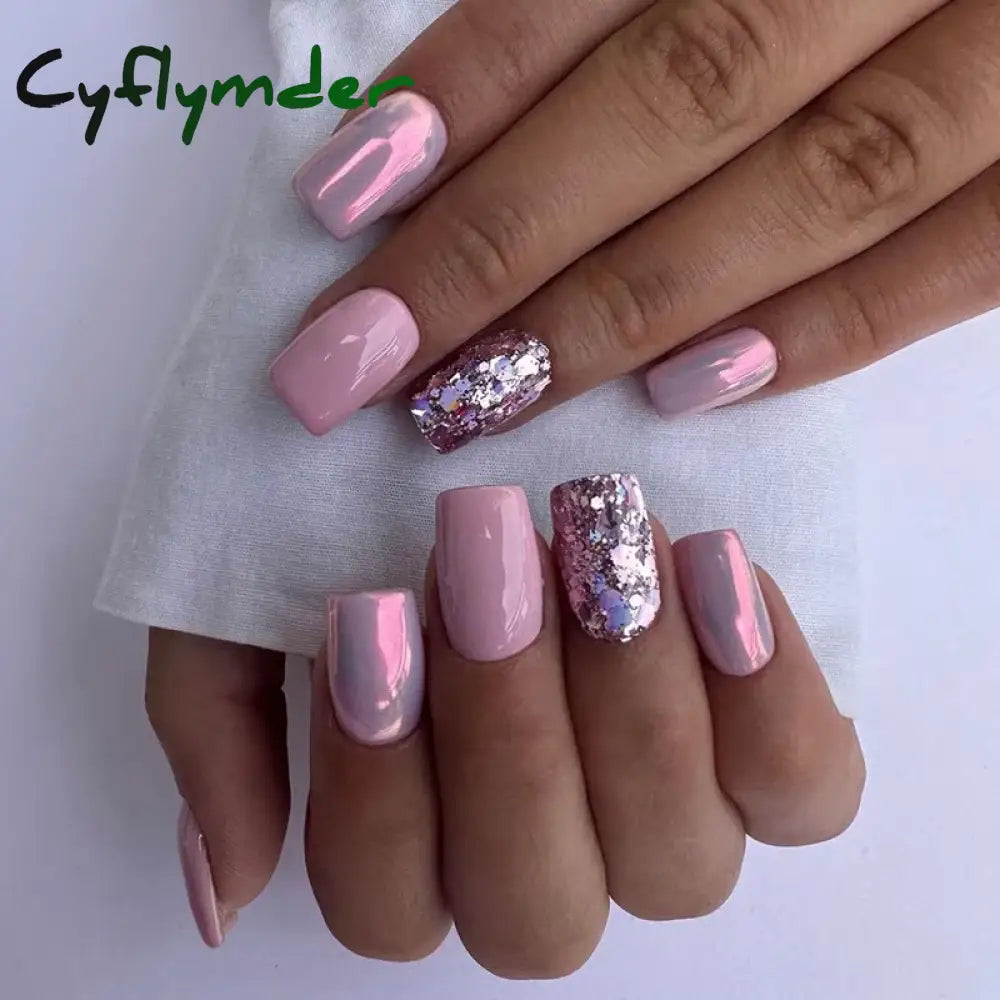 Cyflymder 24Pcs Nail Aurora Glitter Fake Nails Short French Press On Simple False Tips Full Cover