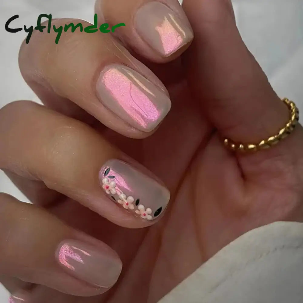 Cyflymder 24Pcs Nail Aurora Glitter Fake Nails Short French Press On Simple False Tips Full Cover