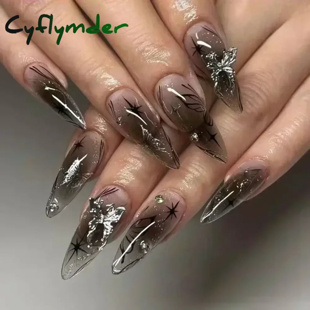 Cyflymder 24Pcs Pink Almond False Nails Butterfly Ballet with French Design Wearable Fake Nails Simple Artificial Press