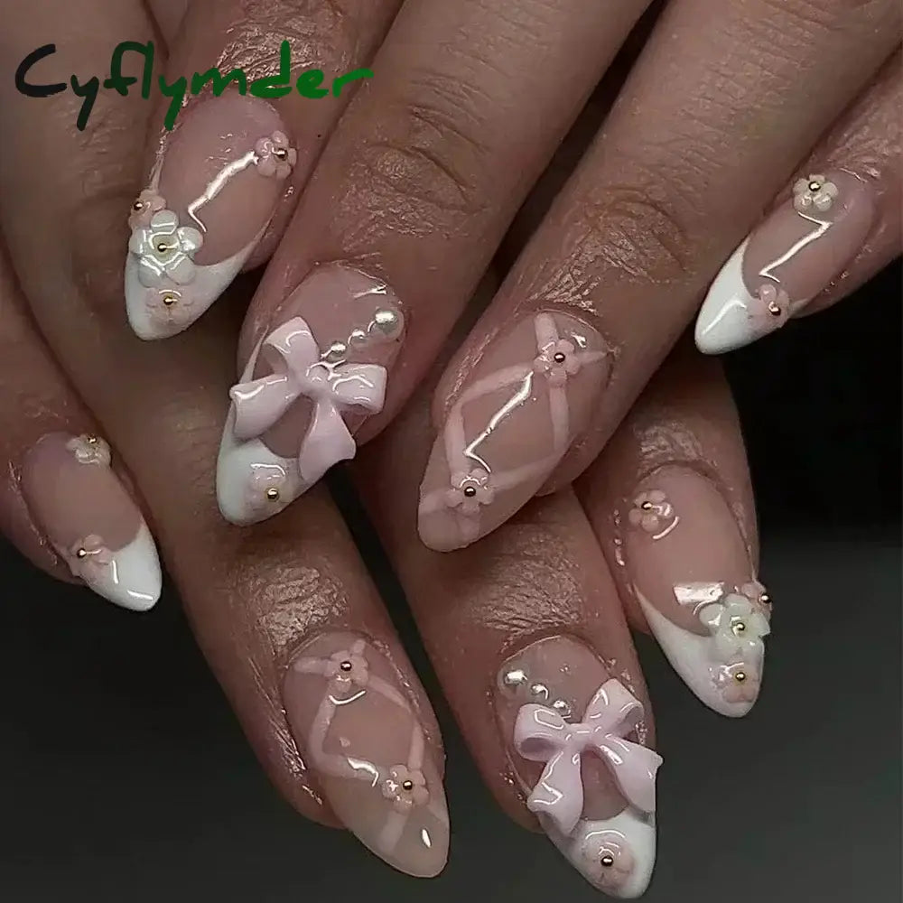 Cyflymder 24Pcs Pink Almond False Nails Butterfly Ballet with French Design Wearable Fake Nails Simple Artificial Press