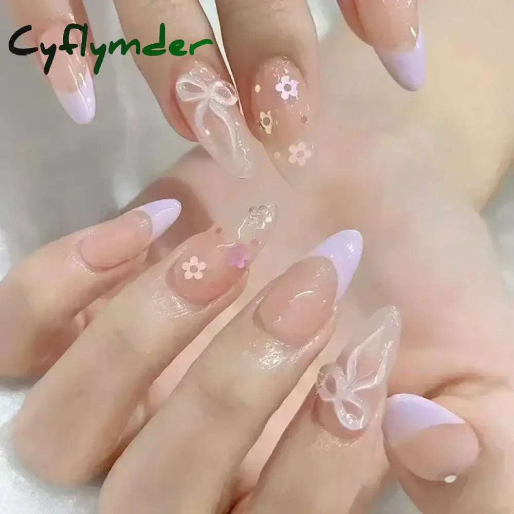 Cyflymder 24Pcs Pink Almond False Nails Butterfly Ballet with French Design Wearable Fake Nails Simple Artificial Press