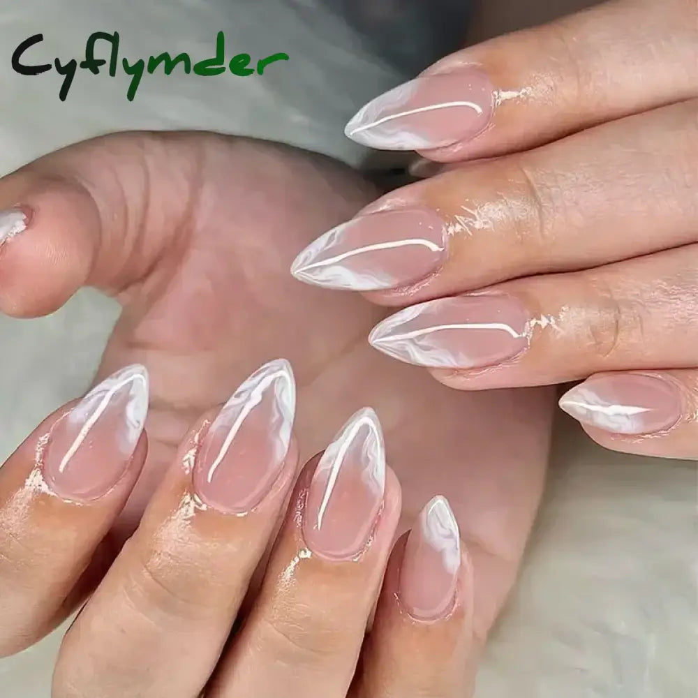 Cyflymder 24Pcs Pink Almond False Nails Butterfly Ballet with French Design Wearable Fake Nails Simple Artificial Press