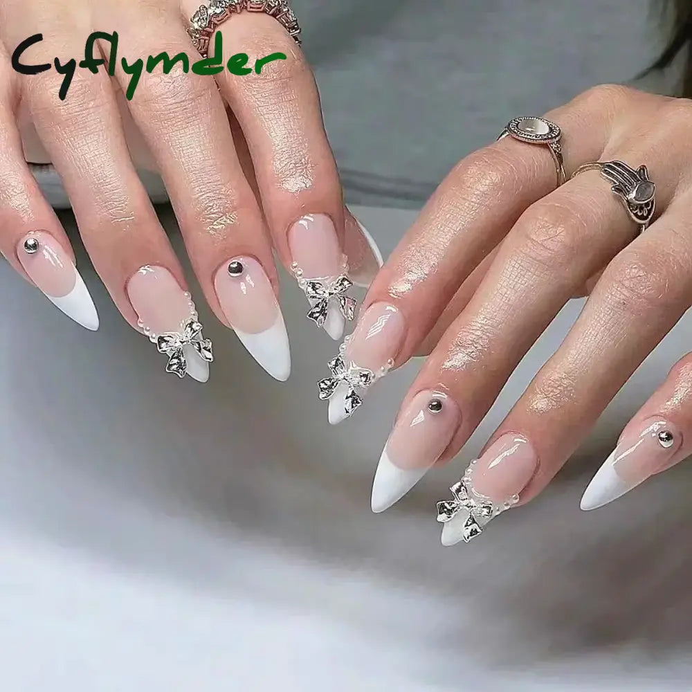 Cyflymder 24Pcs Pink Almond False Nails Butterfly Ballet With French Design Wearable Fake Simple