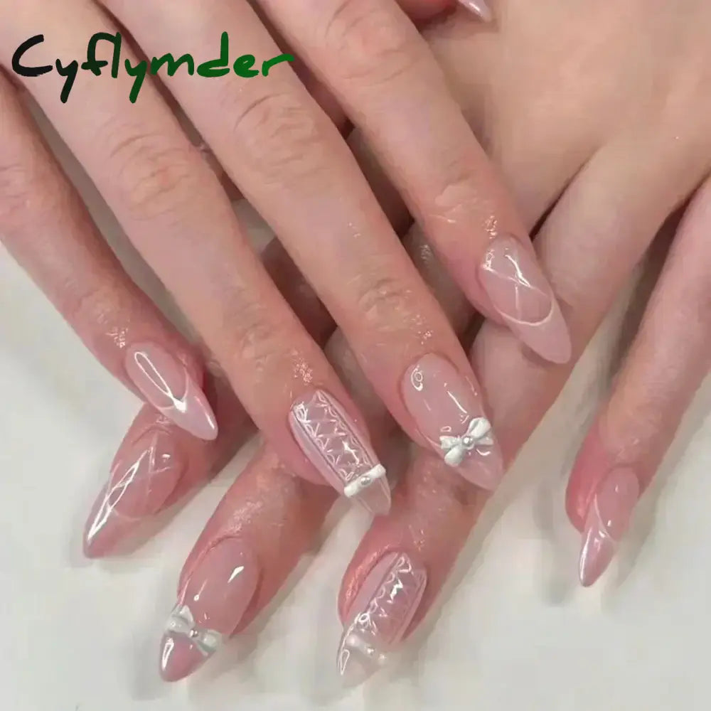 Cyflymder 24Pcs Pink Almond False Nails Butterfly Ballet with French Design Wearable Fake Nails Simple Artificial Press