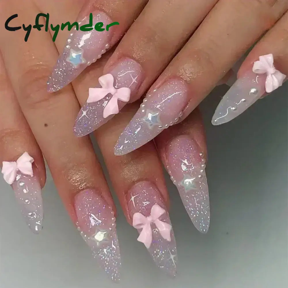 Cyflymder 24Pcs Pink Almond False Nails Butterfly Ballet with French Design Wearable Fake Nails Simple Artificial Press