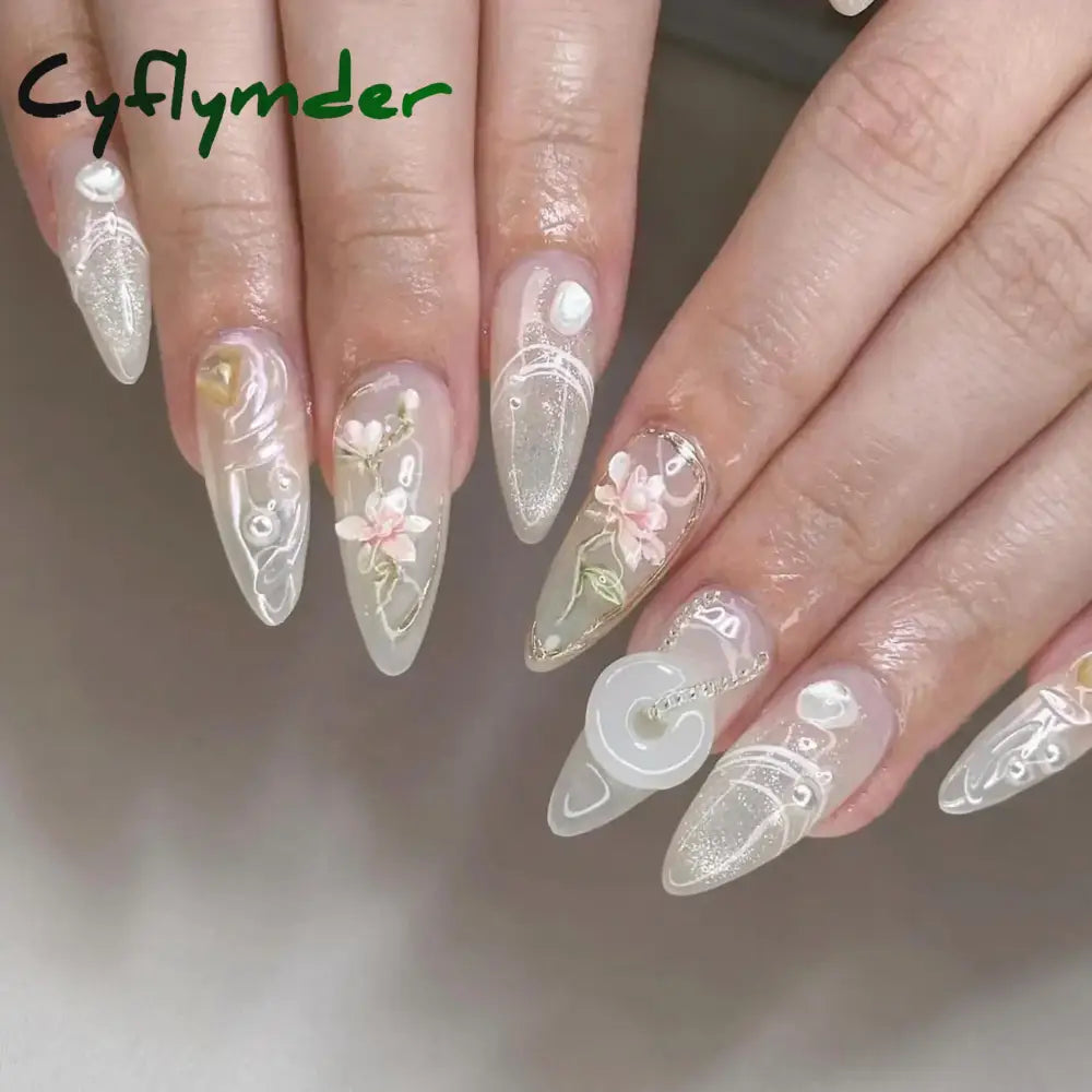 Cyflymder 24Pcs Pink Almond False Nails Butterfly Ballet with French Design Wearable Fake Nails Simple Artificial Press