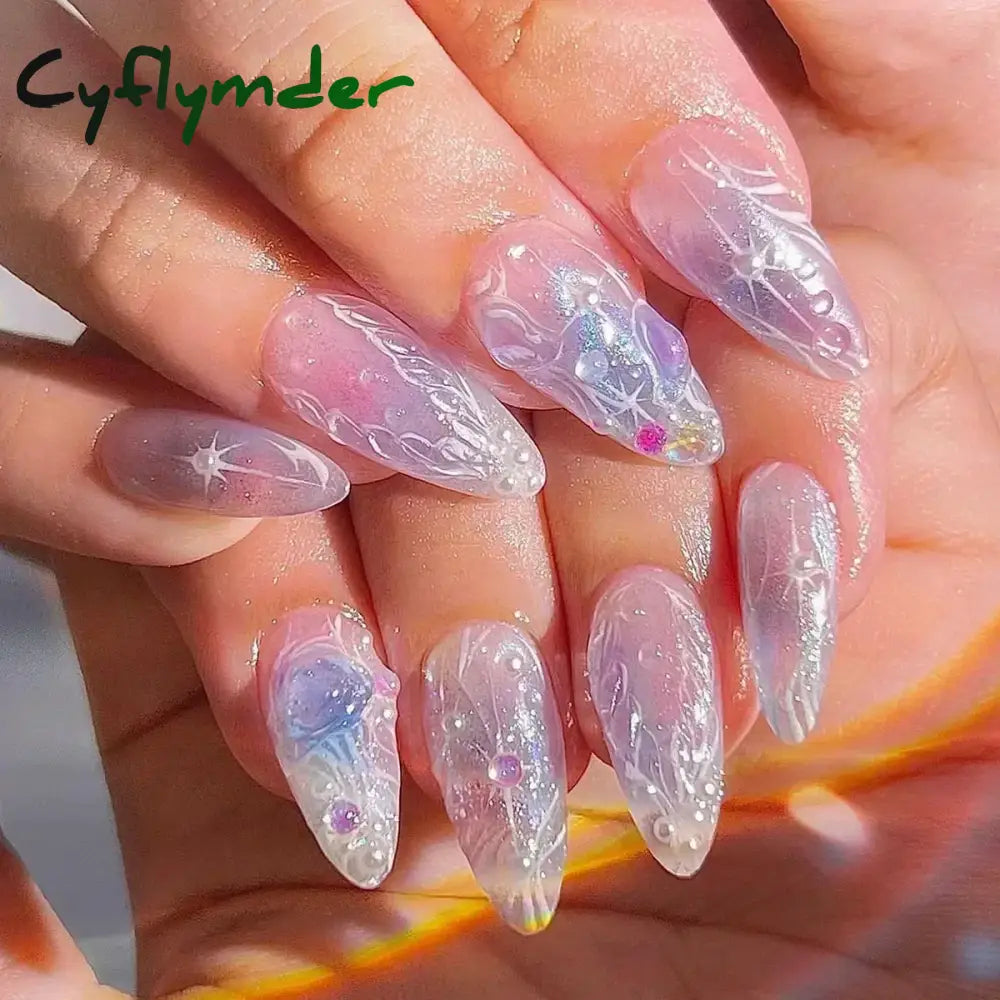 Cyflymder 24Pcs Pink Almond False Nails Butterfly Ballet with French Design Wearable Fake Nails Simple Artificial Press