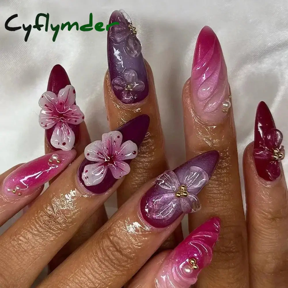 Cyflymder 24Pcs Pink Almond False Nails Butterfly Ballet with French Design Wearable Fake Nails Simple Artificial Press