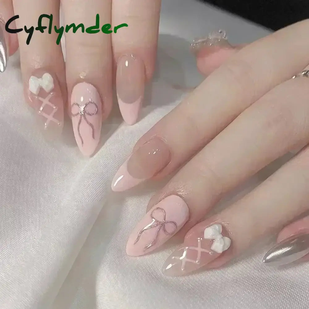 Cyflymder 24Pcs Pink Almond False Nails Butterfly Ballet with French Design Wearable Fake Nails Simple Artificial Press