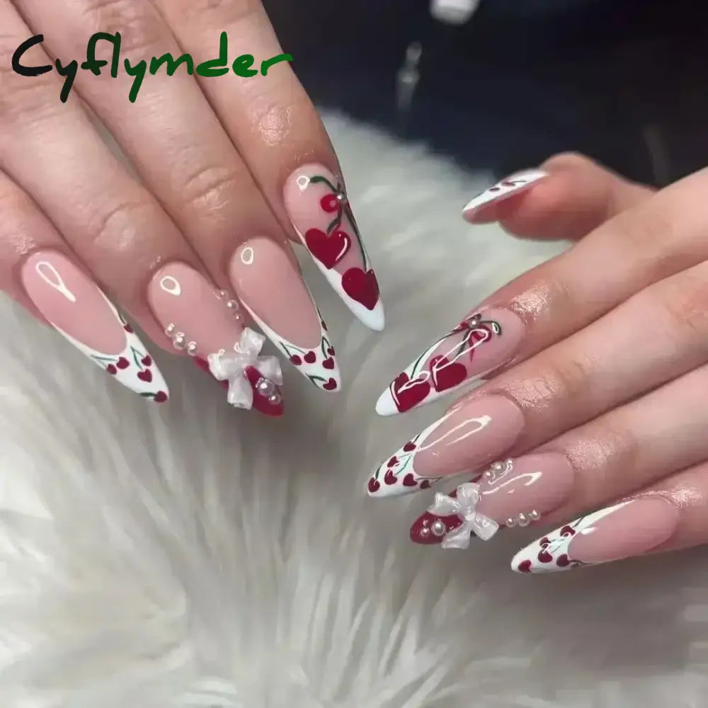 Cyflymder 24Pcs Pink Almond False Nails Butterfly Ballet with French Design Wearable Fake Nails Simple Artificial Press