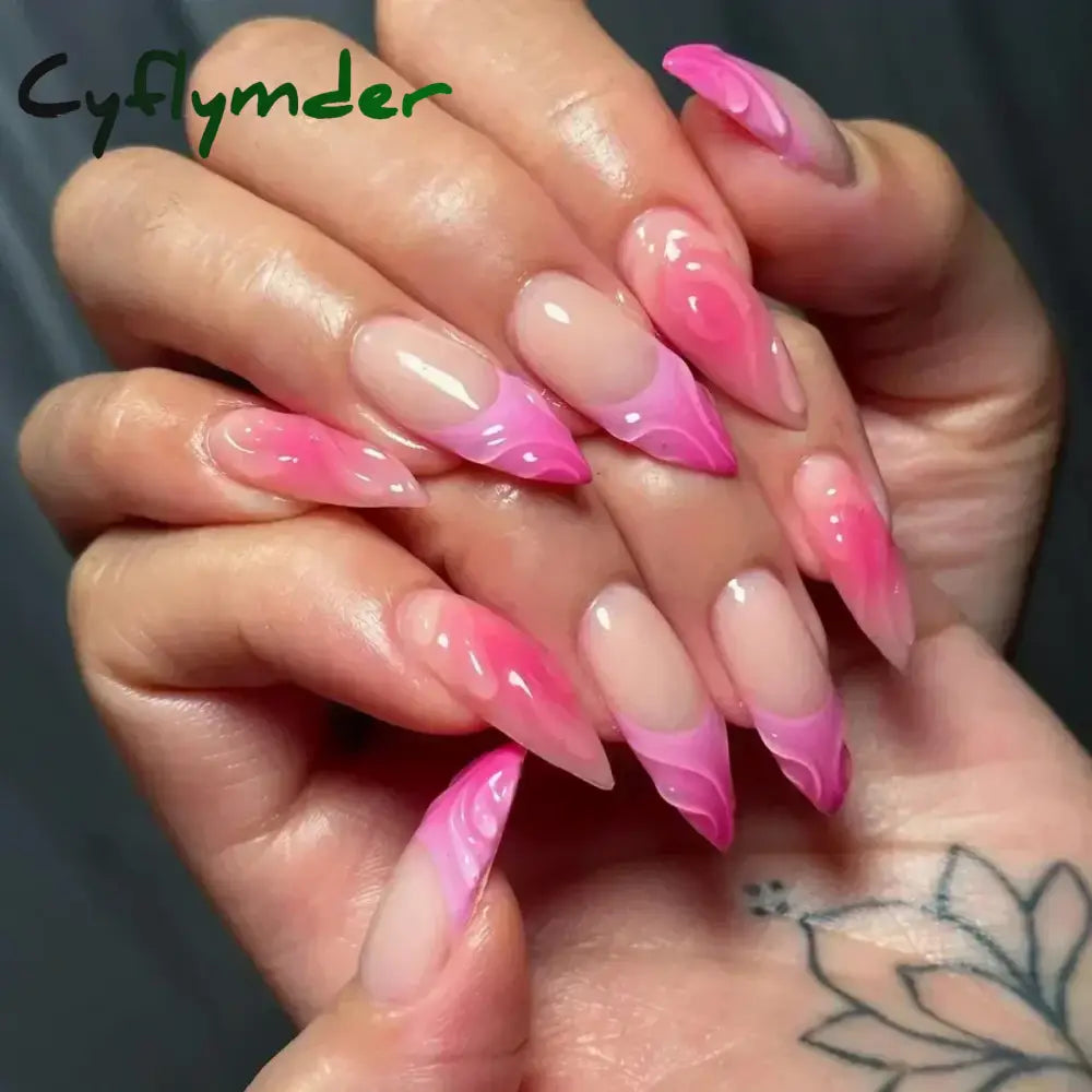 Cyflymder 24Pcs Pink Almond False Nails Butterfly Ballet with French Design Wearable Fake Nails Simple Artificial Press