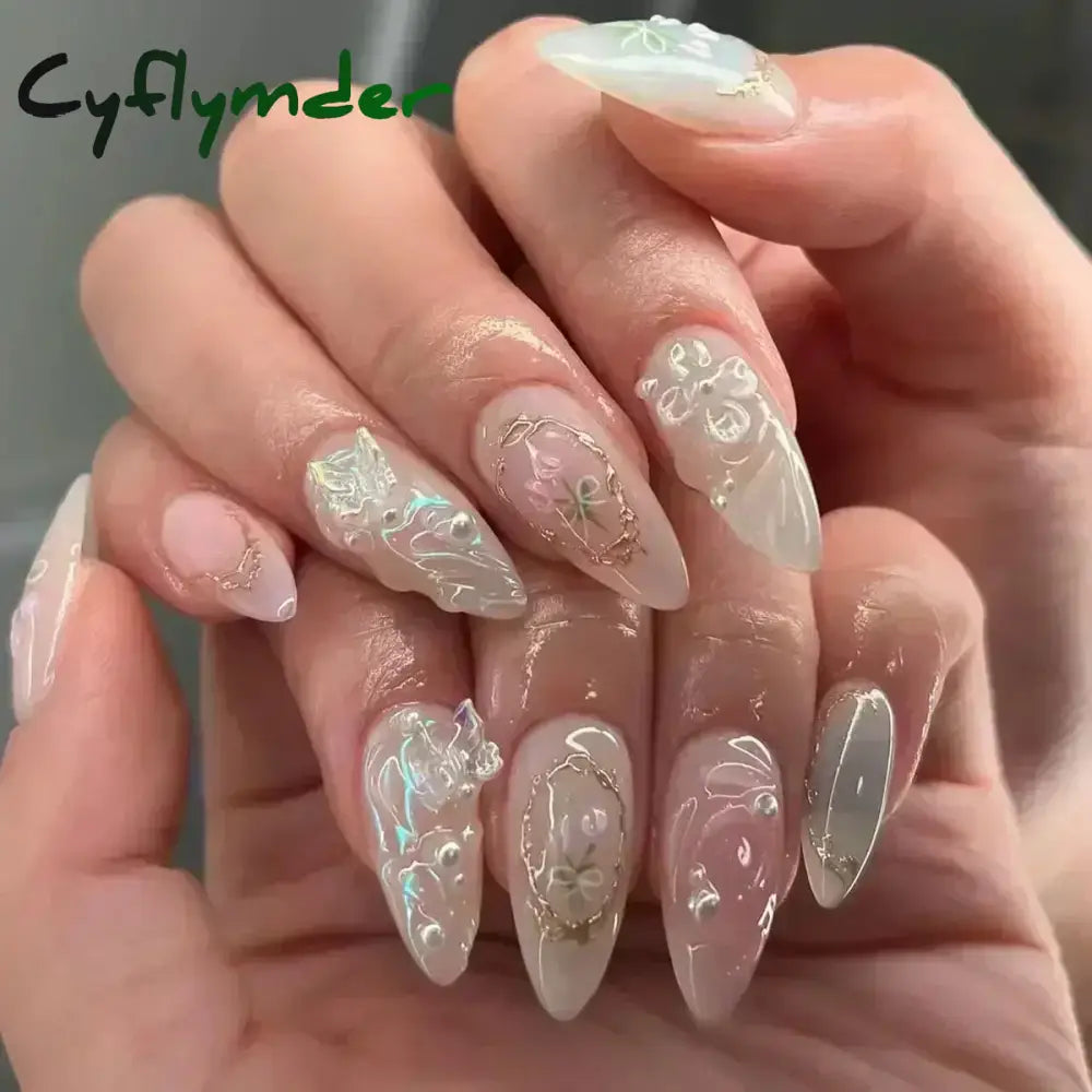 Cyflymder 24Pcs Pink Almond False Nails Butterfly Ballet with French Design Wearable Fake Nails Simple Artificial Press