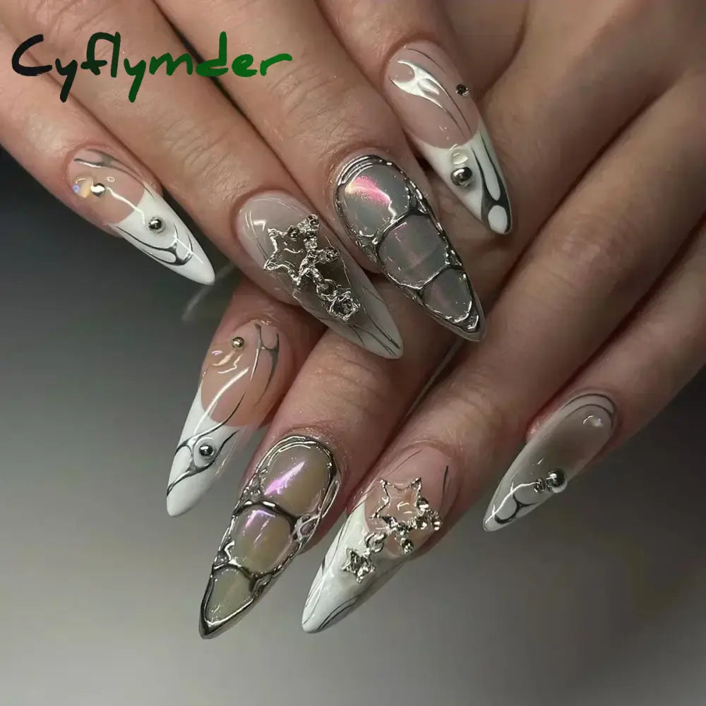 Cyflymder 24Pcs Pink Almond False Nails Butterfly Ballet with French Design Wearable Fake Nails Simple Artificial Press