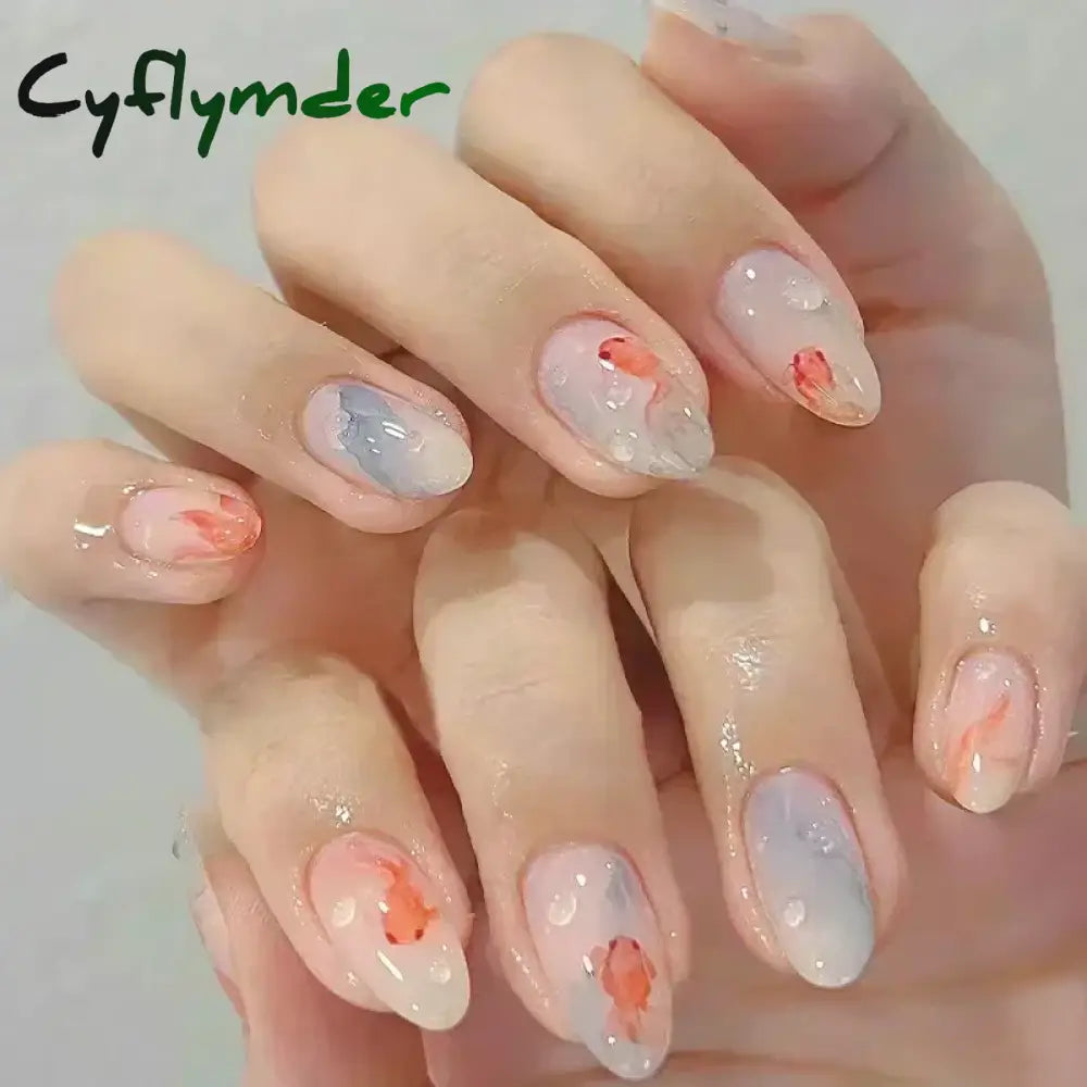 Cyflymder 24Pcs Pink Almond False Nails Butterfly Ballet with French Design Wearable Fake Nails Simple Artificial Press