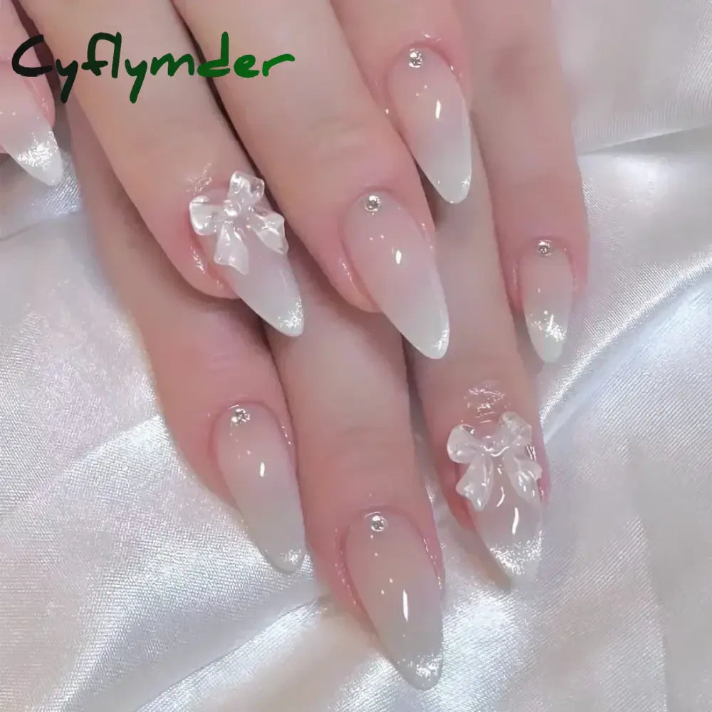 Cyflymder 24Pcs Pink Almond False Nails Butterfly Ballet with French Design Wearable Fake Nails Simple Artificial Press