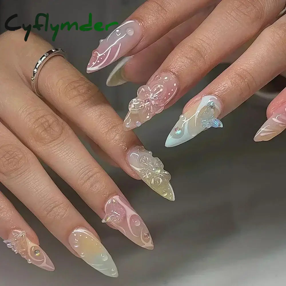 Cyflymder 24Pcs Pink Almond False Nails Butterfly Ballet with French Design Wearable Fake Nails Simple Artificial Press