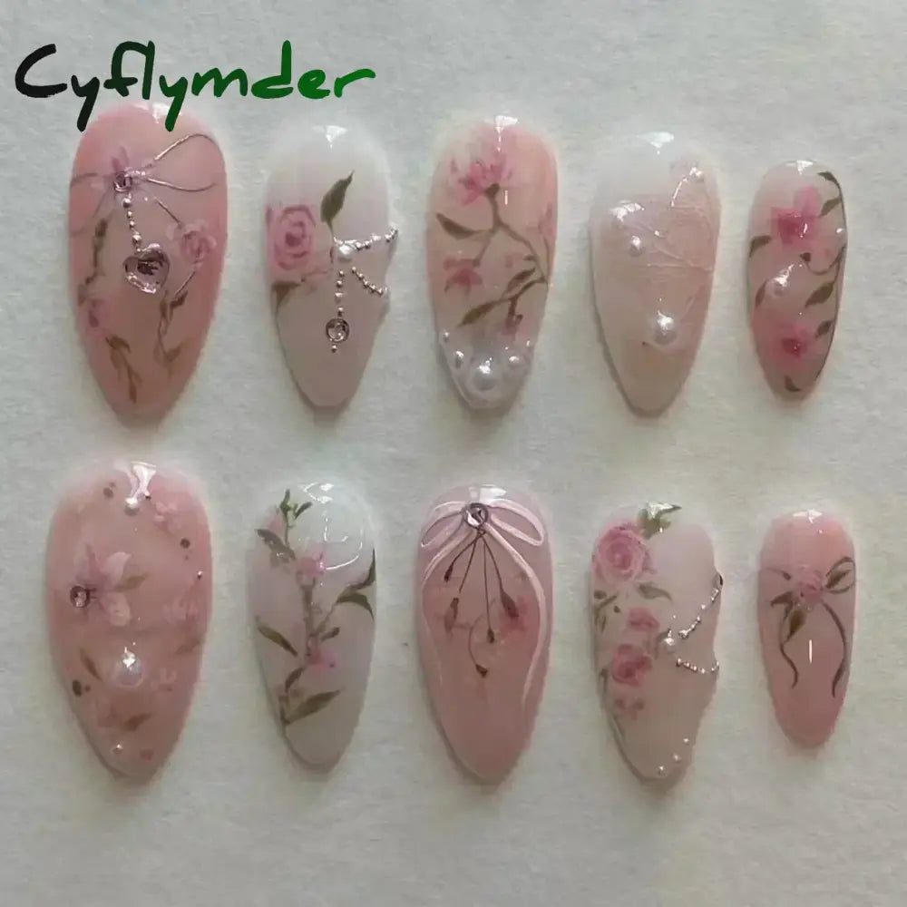 Cyflymder 24Pcs Pink Almond False Nails Butterfly Ballet with French Design Wearable Fake Nails Simple Artificial Press