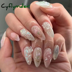 24Pcs Pink Almond False Nails Butterfly Ballet with French Design Wearable Fake Nails Simple Artificial Press on Nails Tips Art