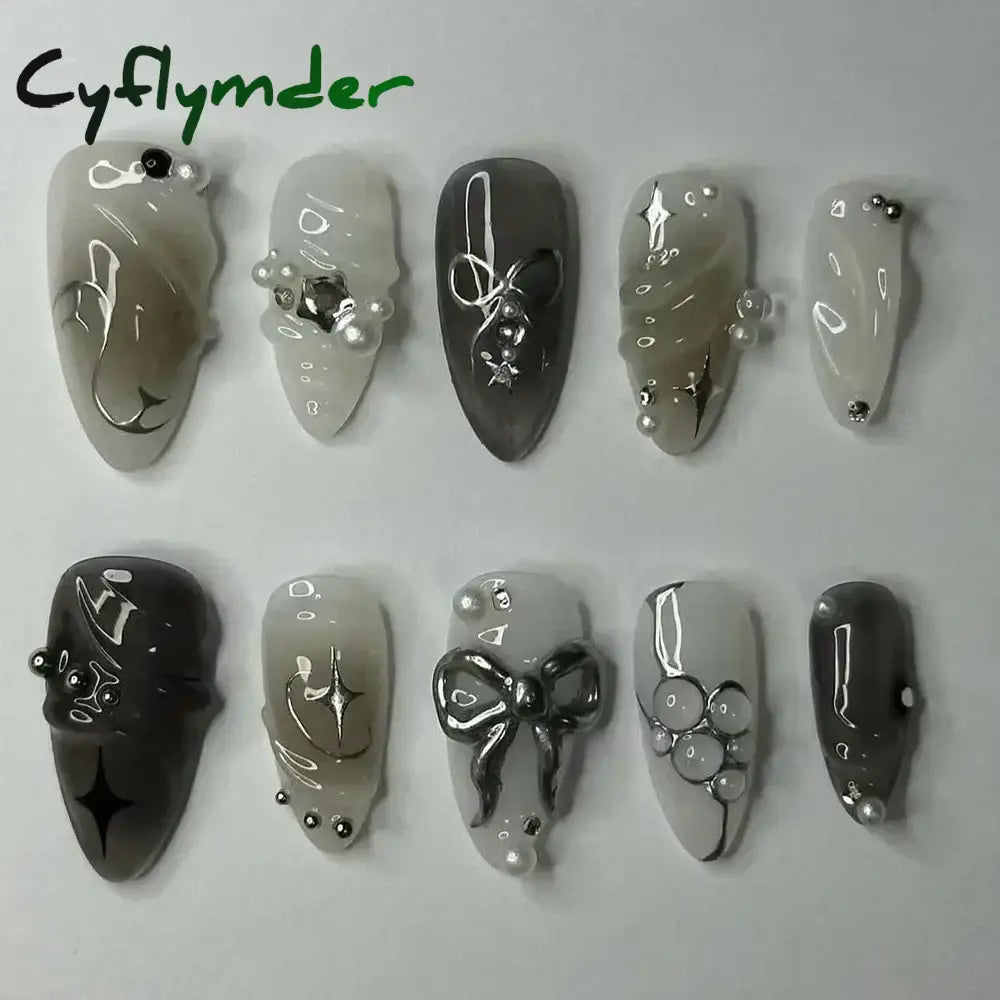 Cyflymder 24Pcs Pink Almond False Nails Butterfly Ballet with French Design Wearable Fake Nails Simple Artificial Press