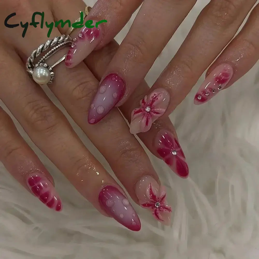 Cyflymder 24Pcs Pink Almond False Nails Butterfly Ballet with French Design Wearable Fake Nails Simple Artificial Press