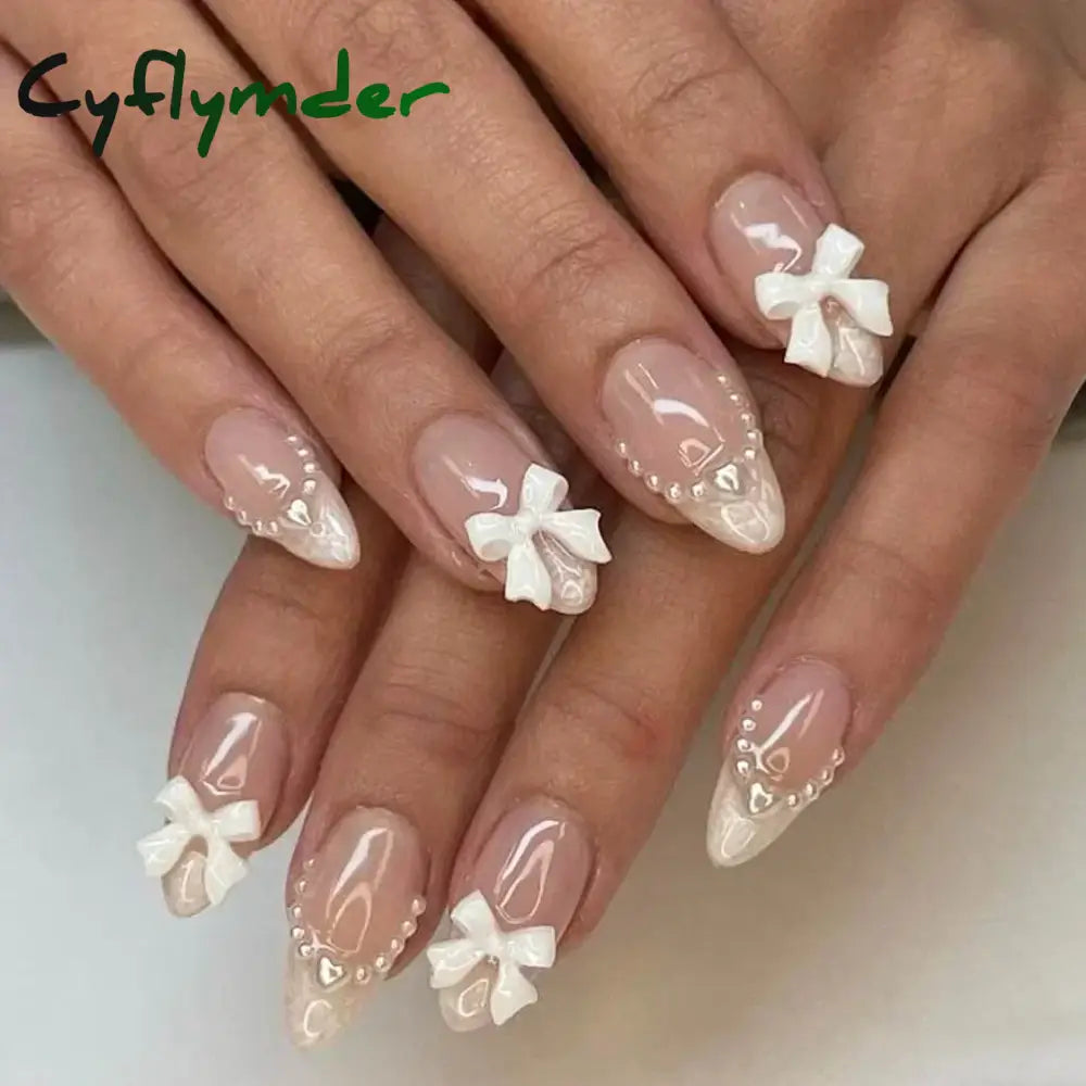 Cyflymder 24Pcs Pink Almond False Nails Butterfly Ballet with French Design Wearable Fake Nails Simple Artificial Press