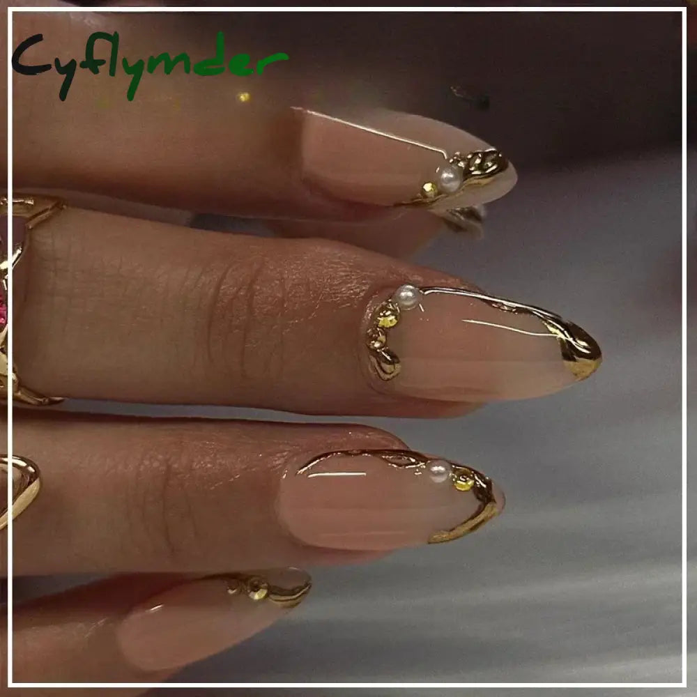 Cyflymder 24Pcs Pink Almond False Nails Butterfly Ballet with French Design Wearable Fake Nails Simple Artificial Press