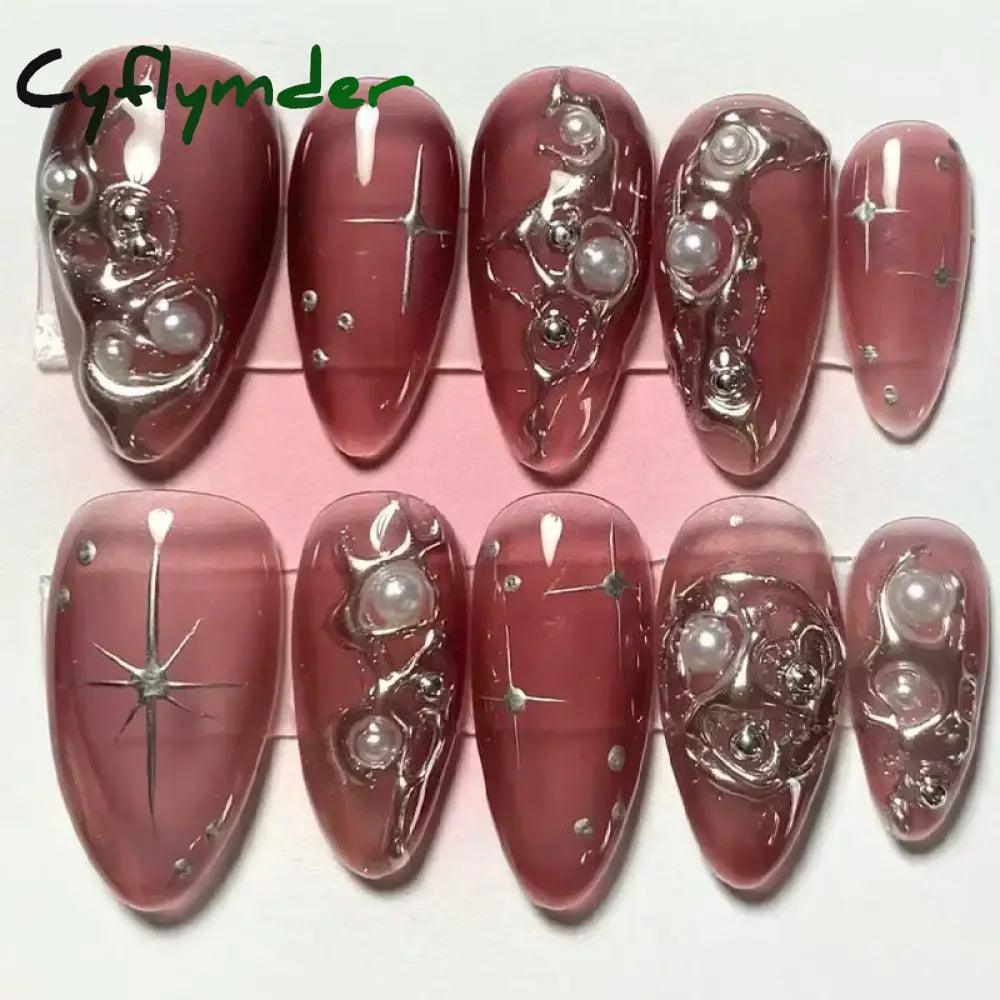 Cyflymder 24Pcs Pink Almond False Nails Butterfly Ballet with French Design Wearable Fake Nails Simple Artificial Press