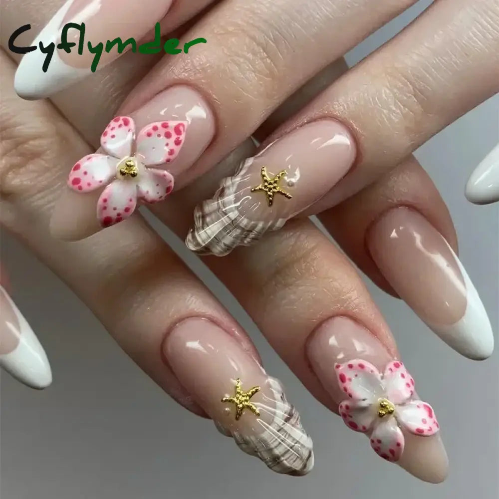 Cyflymder 24Pcs Pink Almond False Nails Butterfly Ballet with French Design Wearable Fake Nails Simple Artificial Press