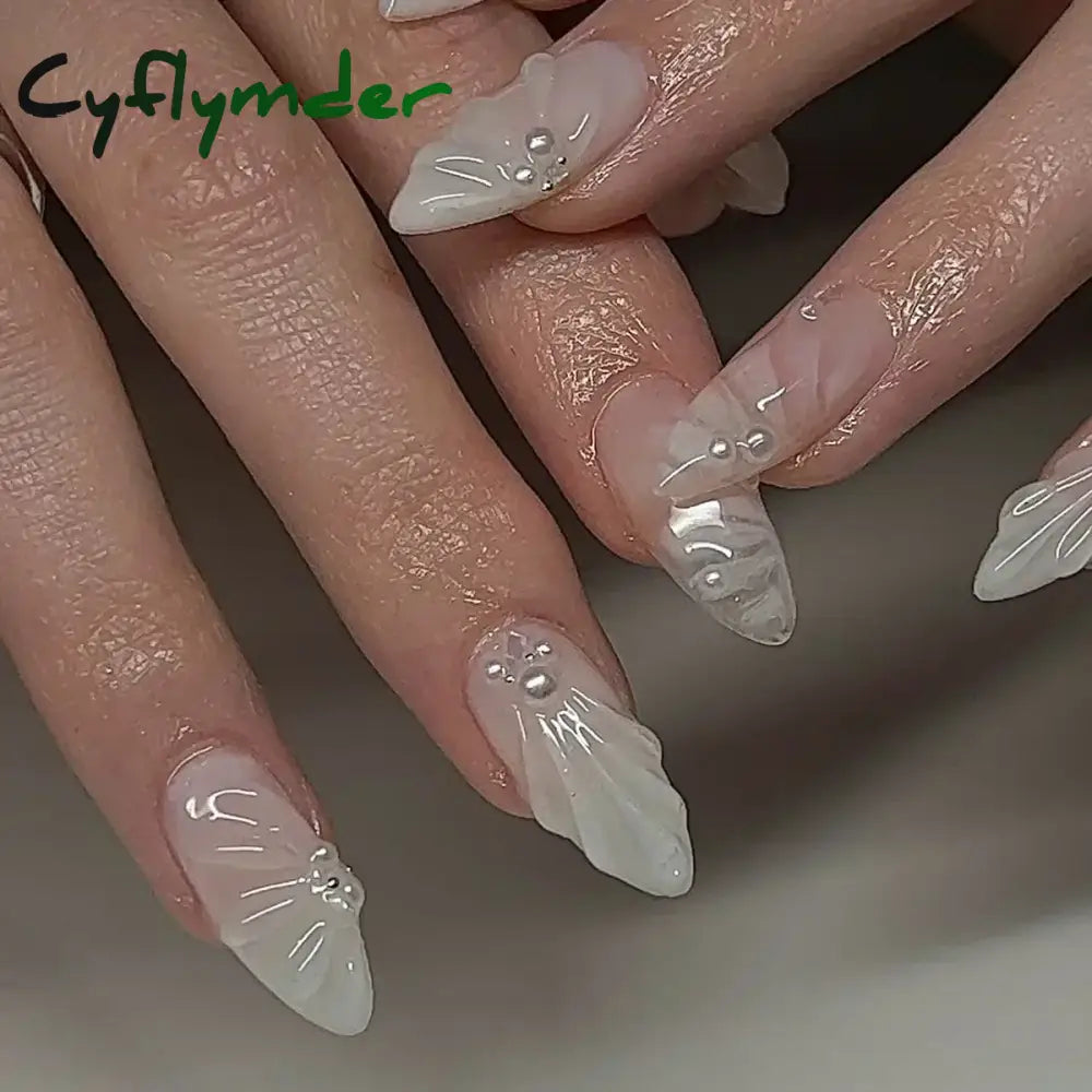 Cyflymder 24Pcs Pink Almond False Nails Butterfly Ballet with French Design Wearable Fake Nails Simple Artificial Press