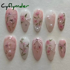 Cyflymder 24Pcs Pink Almond False Nails Butterfly Ballet With French Design Wearable Fake Simple