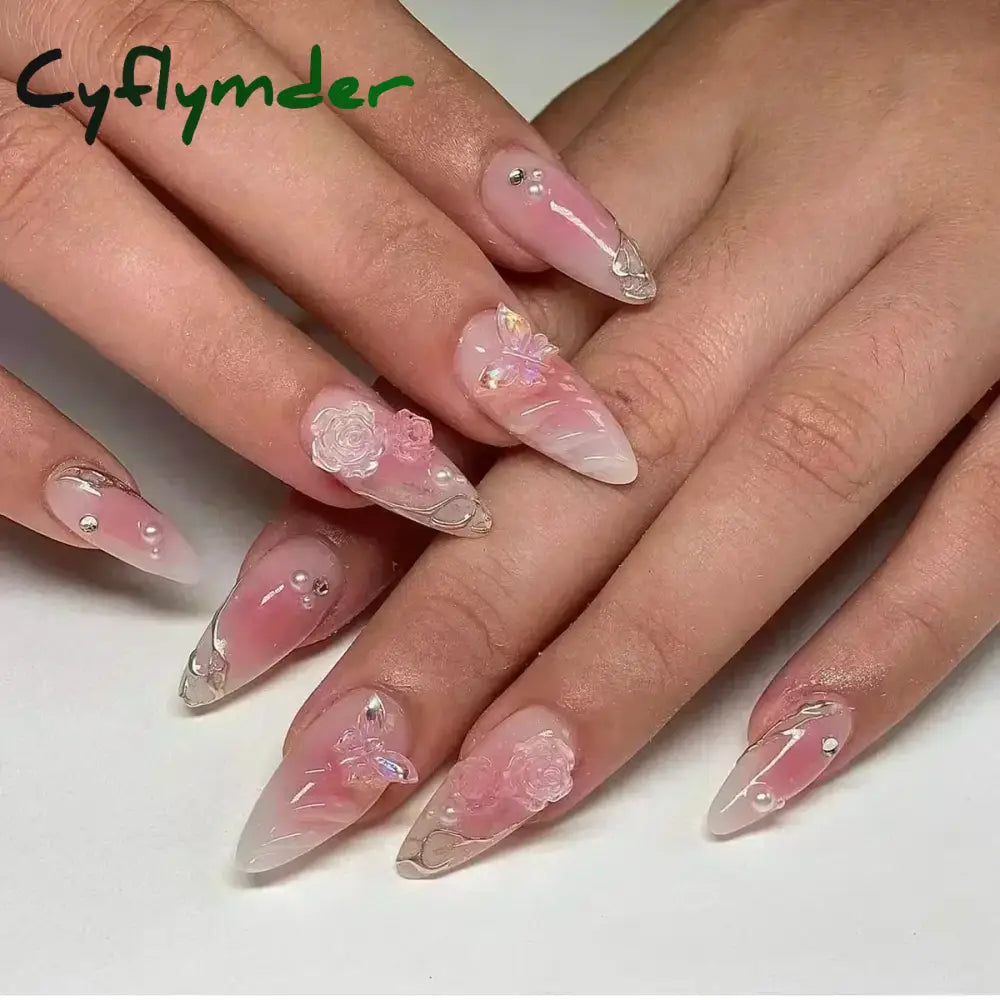 Cyflymder 24Pcs Pink Almond False Nails Butterfly Ballet with French Design Wearable Fake Nails Simple Artificial Press