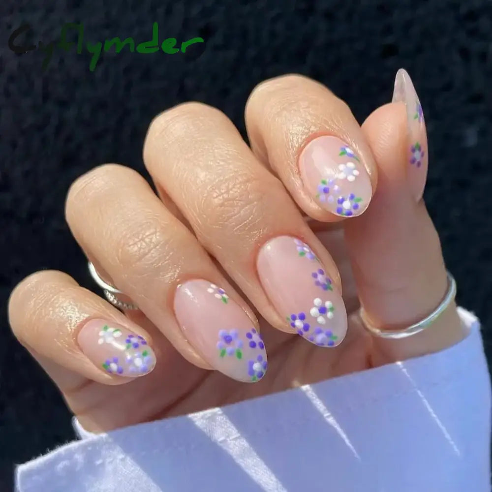 Cyflymder 24Pcs Pink Almond False Nails Butterfly Ballet With French Design Wearable Fake Simple