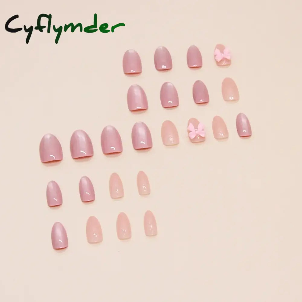 Cyflymder 24pcs Pink Bow Design Glossy Press on Nails Wearable Detachable Almond Fake Nail Tips for Girls Lady Korean