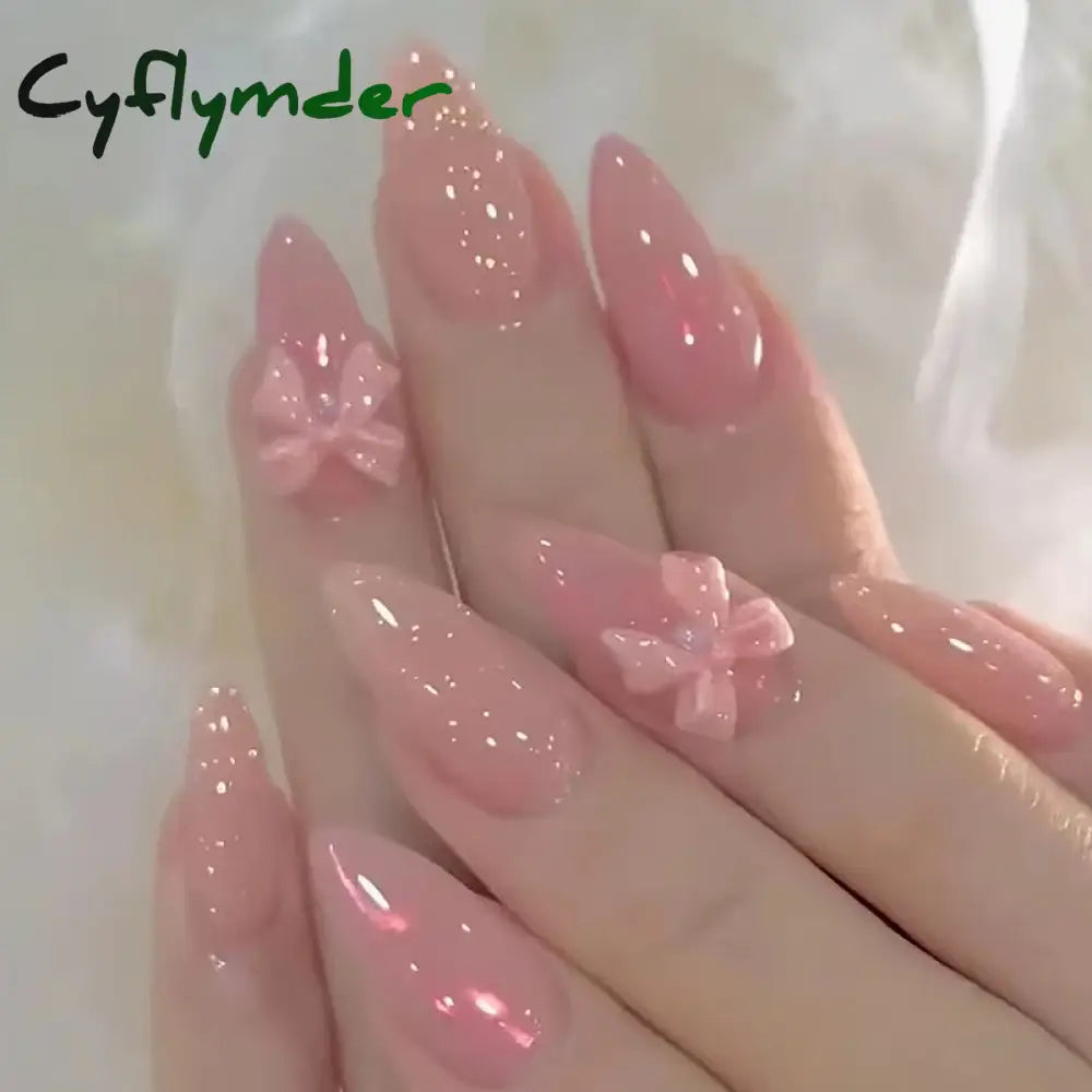 Cyflymder 24pcs Pink Bow Design Glossy Press on Nails Wearable Detachable Almond Fake Nail Tips for Girls Lady Korean